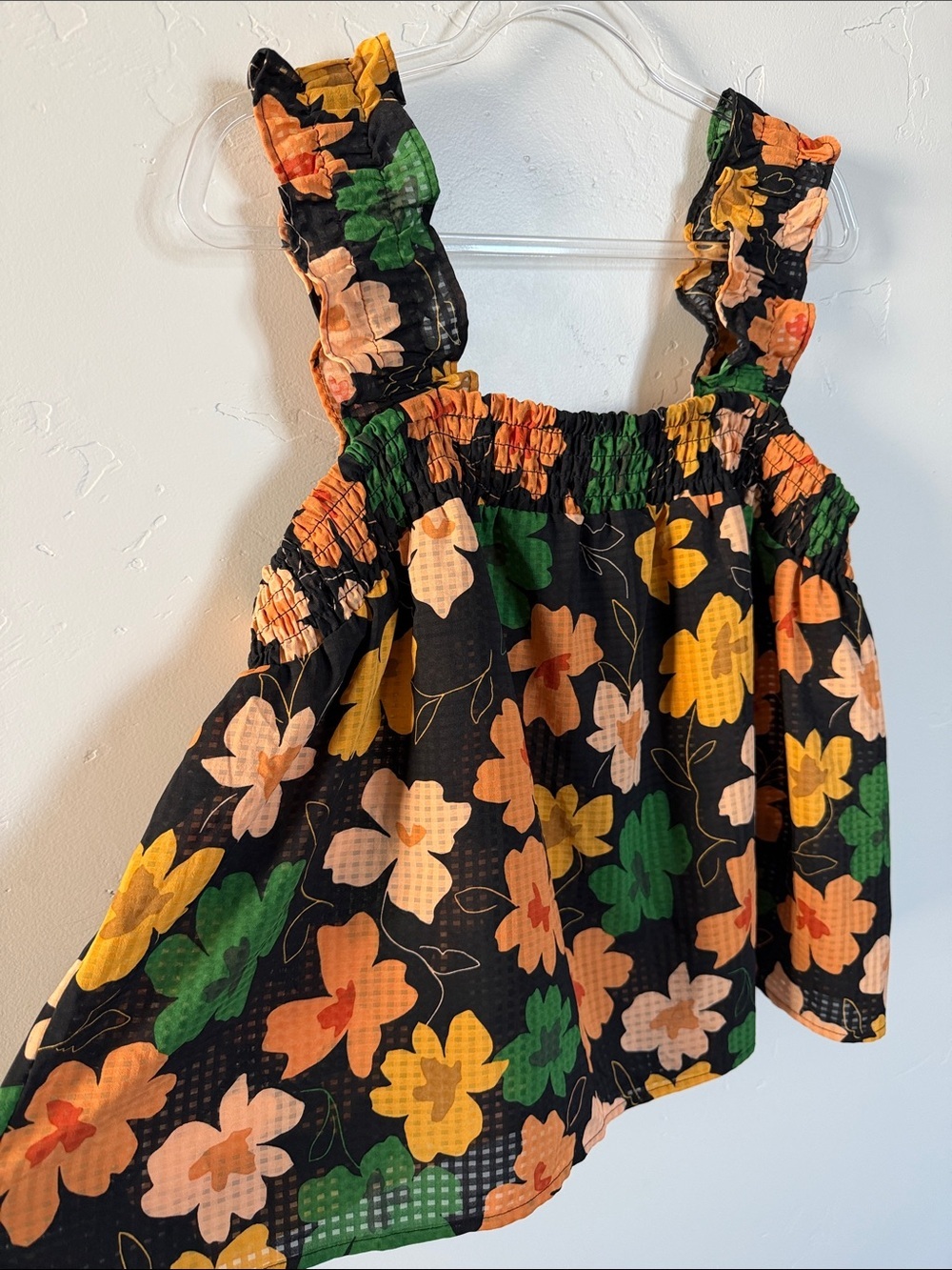Who What Wear Black Floral Smocked Tank Top with Green & Yellow Flowers - Picture 2 of 8